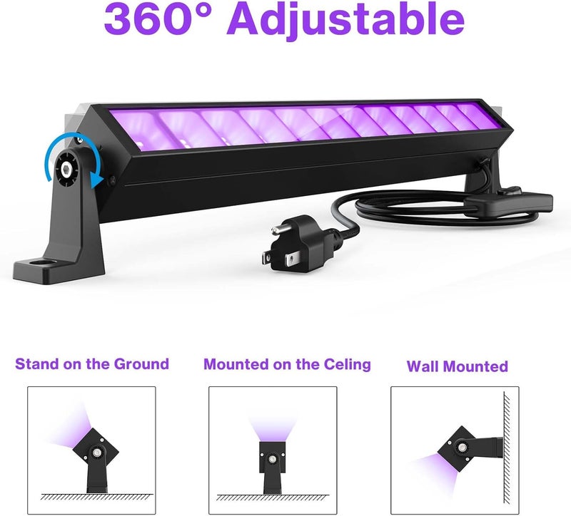 Atfoyer Store شريط ضوء أسود LED بقوة 40 واط لحفلة التألق، ضوء أسود مع قابس ومفتاح، يضيء مساحة 484 قدم مربع، أضواء تألق للهالوين، طلاء جسم فلوريسنت، إضاءة مسرحية - Image 4